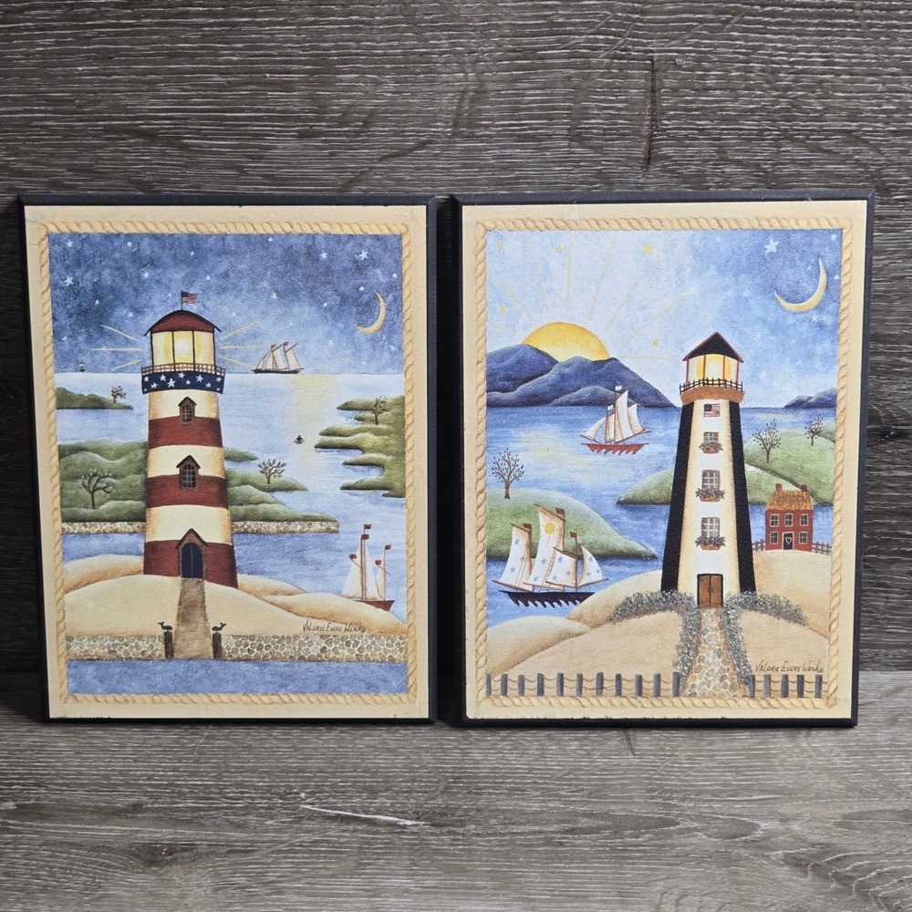 Set of 2 Valorie Evers Wenk Folk Art Lighthouse Nautical Sailboat Wood Plaque